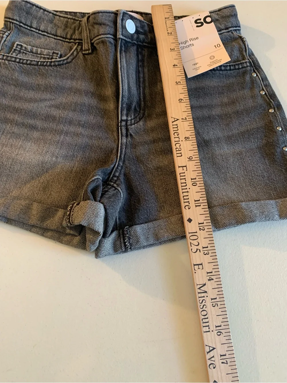 SO Women's High-Rise Gray Denim Shorts with Stud Detail